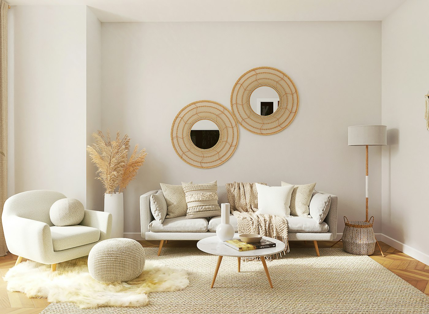 Neutral apartment living room with rattan mirrors