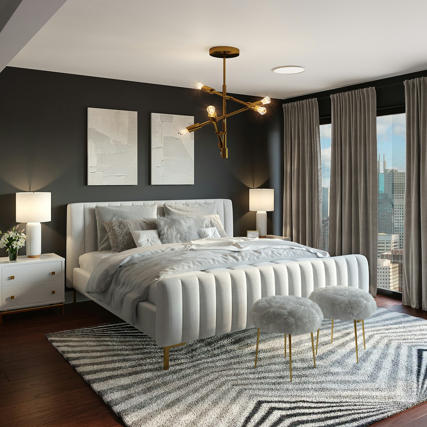 Master bedroom with upholstered bed and brass chandelier